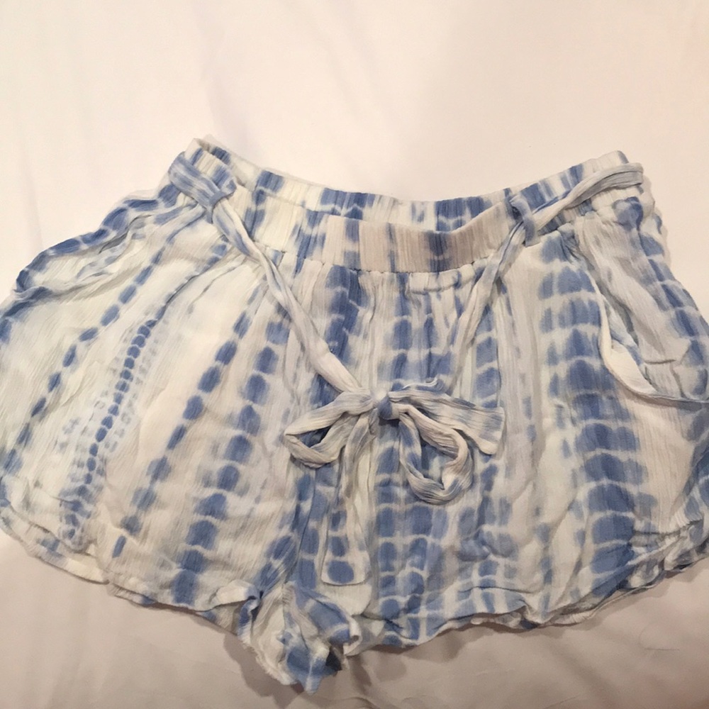 white and blue tie dye flowy shorts